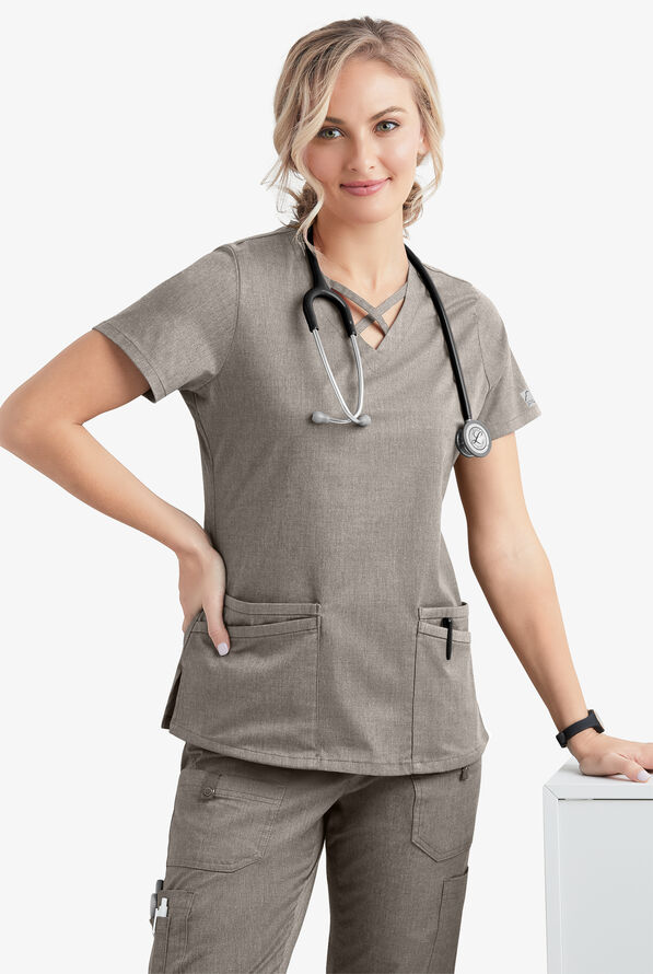 Blusa m&eacute;dica UA Butter-Soft STRETCH con lazos entrecruzados y 4 bolsillos para mujer - Heather Grey - 2
