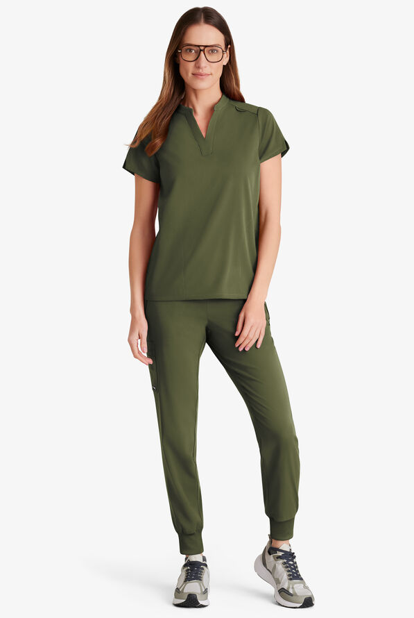 Grey's Anatomy by Barco Spandex STRETCH Avery Women's 2-Pocket Notch Sleeve V-Neck Scrub Top - Olive - 4