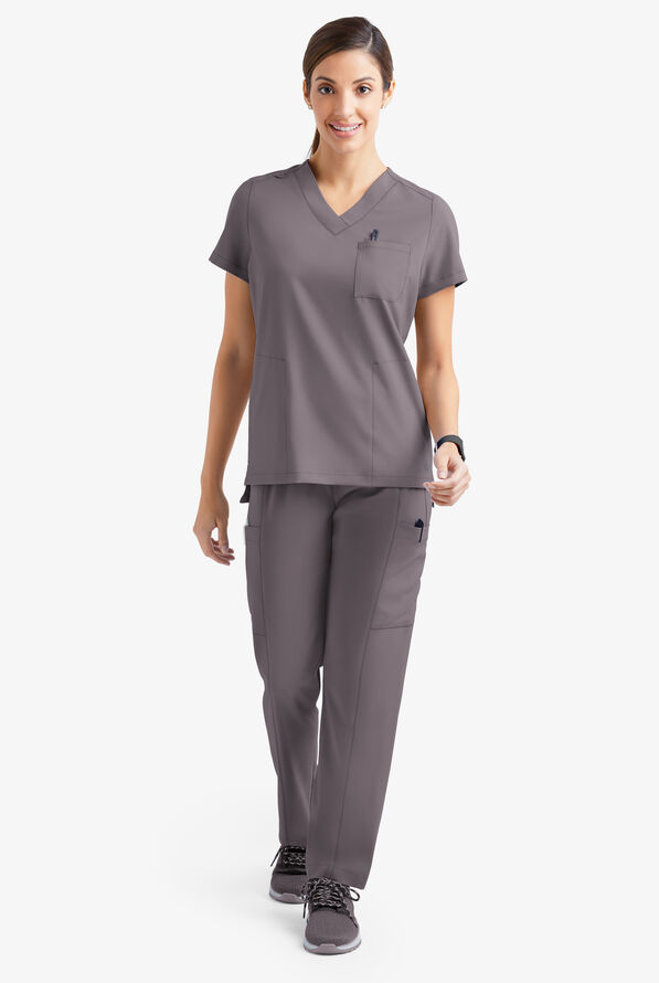 Easy STRETCH Taylor Women's 3-Pocket High Low Hem V-Neck Scrub Top - Grey Stone - 2
