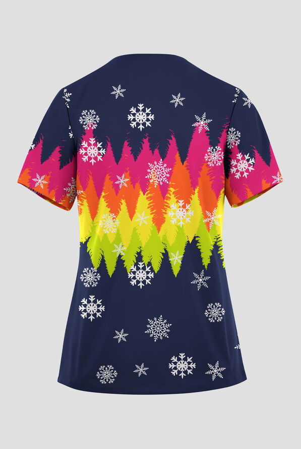 Butter-Soft STRETCH Drifting Snowflakes Navy Women's 2-Pocket V-Neck Print Scrub Top - null - 2