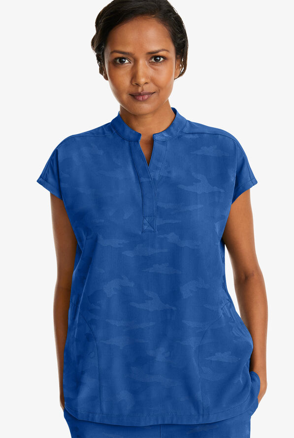 Healing Hands Purple Label Camo Women's 2-Pocket STRETCH Dolman Sleeve Mandarin Collar Scrub Top - Royal - 2