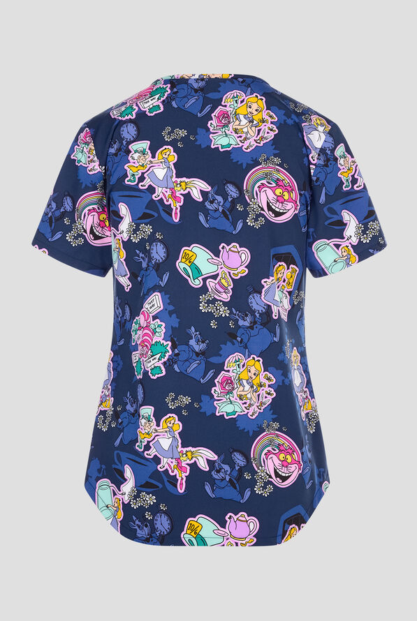 Tooniforms Alice In Wonderland Wonderous Flowers Women's 2-Pocket STRETCH V-Neck Print Scrub Top - null - 2