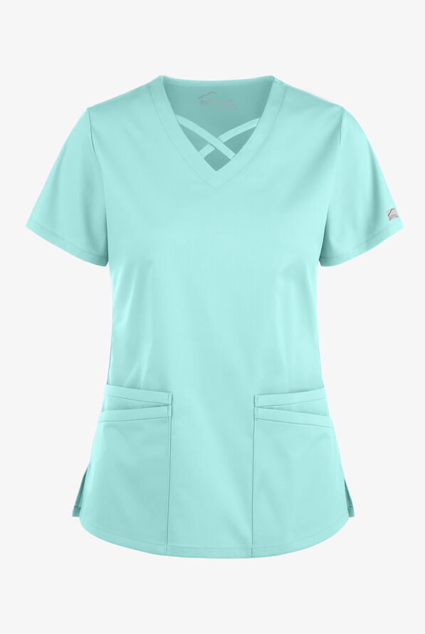 Blusa m&eacute;dica UA Butter-Soft STRETCH con lazos entrecruzados y 4 bolsillos para mujer - Sea Frost - 1