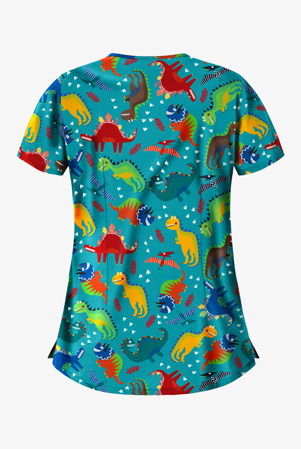 Butter-Soft Colorful Dinos Teal Women's 5-Pocket V-Neck Print Scrub Top - null - 2