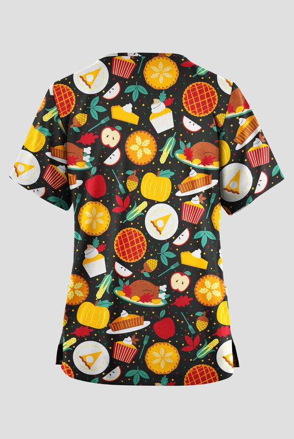 Butter-Soft Originals Thanksgiving Feast Women's 2-Pocket V-Neck Print Scrub Top - null - 2