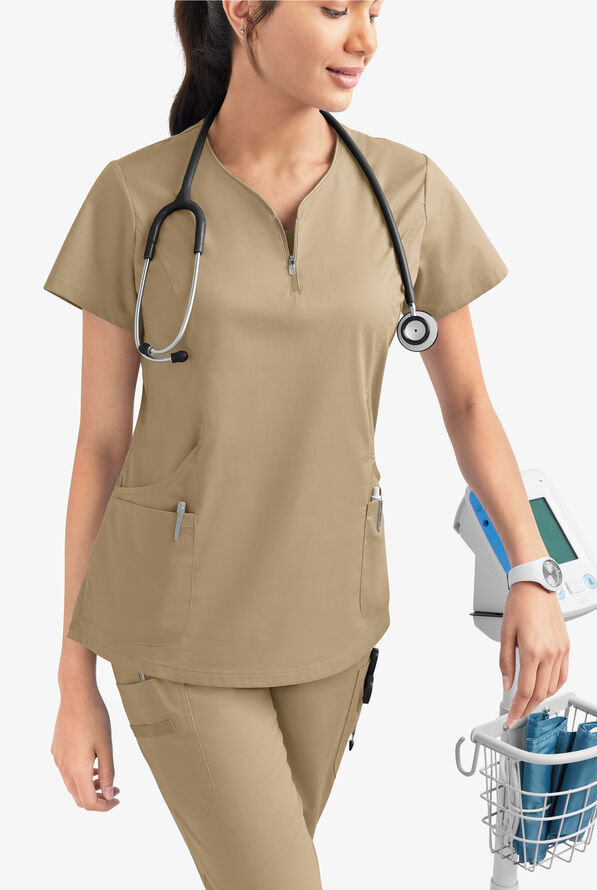 Butter-Soft STRETCH Women's 4-Pocket Curved Neck Zipper Scrub Top - Golden Sand - 6