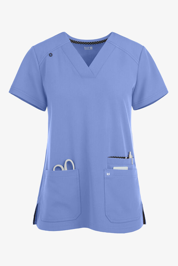 koi Next Gen Hustle and Heart Women's 3-Pocket STRETCH V-Neck Scrub Top - True Ceil - 1