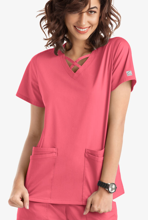 Butter-Soft STRETCH Women's 4-Pocket Crisscross Scrub Top - Rouge Rose - 2