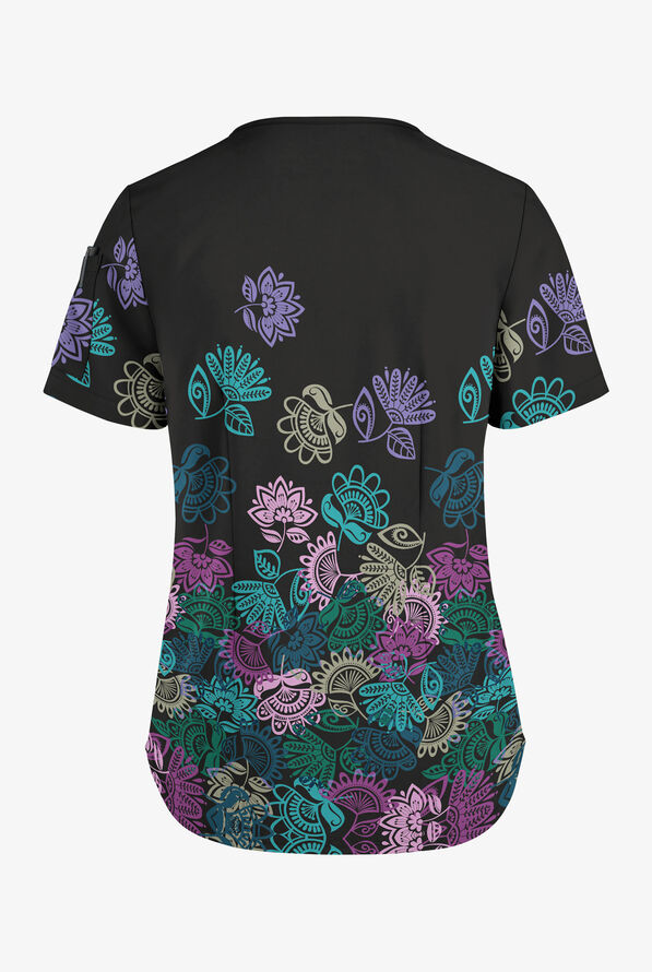 Easy STRETCH Folkloric Floral Women's 3-Pocket Tuck-In V-Neck Print Scrub Top - null - 2