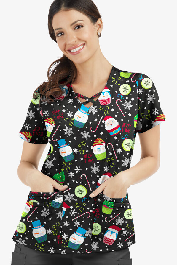 Butter-Soft STRETCH Black Christmas Treats Women's 4-Pocket Crisscross Print  Scrub Top - null - 2