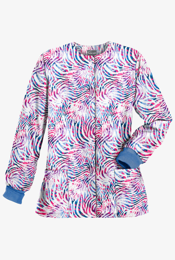 Butter-Soft Abstract Zebra Fuchsia Women's 2-Pocket Warm Up Print Scrub Jacket - null - 1