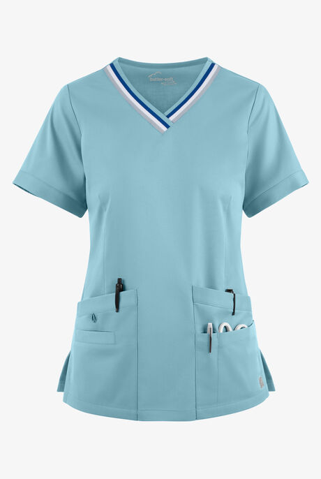 Butter-Soft STRETCH Women's 5-Pocket Short Sleeve V-Neck with Sport Trim Detail Scrub Top