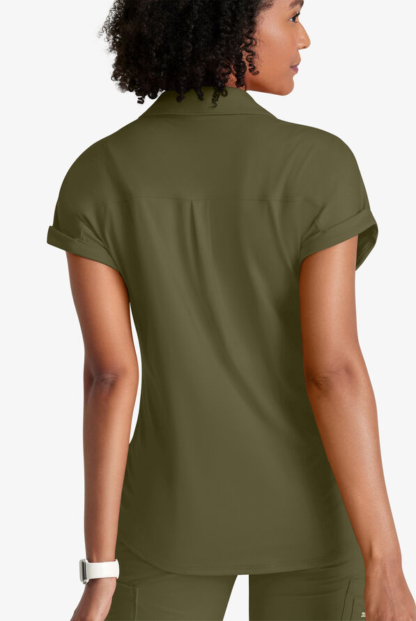 Barco One Performance Knit Engage Women's 2-Pocket STRETCH Dolman Sleeve Zip Neck Scrub Top - Olive - 3