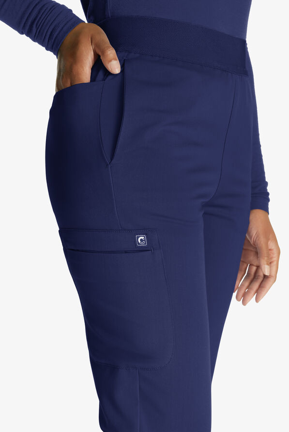 Cherokee Atmos Women's 5-Pocket STRETCH Coolmax Textured Elastic Waistband Cargo Scrub Pants - Navy - 2