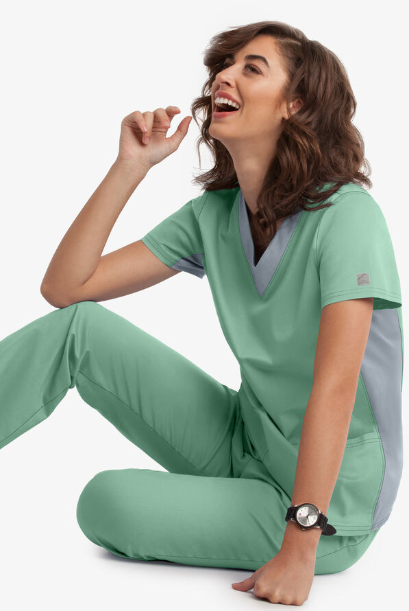 Butter-Soft STRETCH Women's 3-Pocket Contrast Scrub Top - Water Mint/Silver - 3