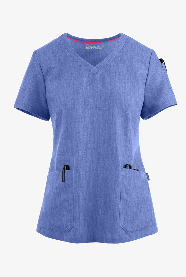 Blusa médica MOVEMENT by Butter-Soft Antares STRETCH con cuello en V y 6 bolsillos para mujer - Electric Blue Heather - 1