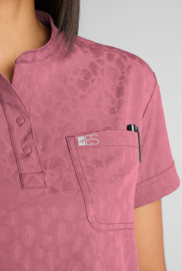 Easy STRETCH Bella Women's Jacquard 1-Pocket Henley Scrub Top - Tea Rose - 2