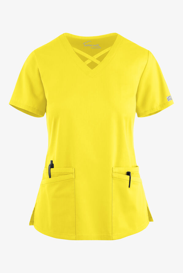 Butter-Soft STRETCH Women's 4-Pocket Crisscross Scrub Top - Bright Daffodil - 1
