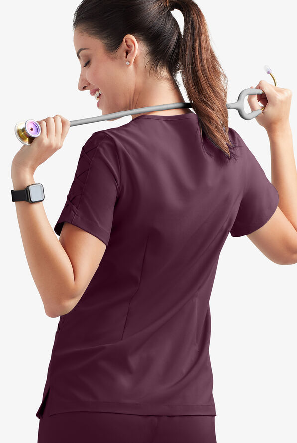 Easy STRETCH Kylie Woman's 5 Pocket V-Neck With Criss-Cross Detail Scrub Top - Dark Mulberry - 4