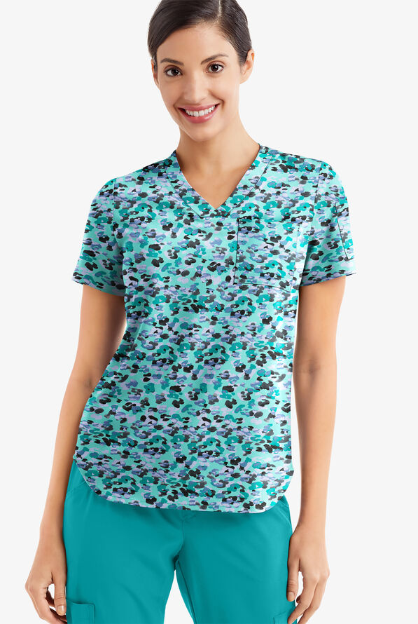 Easy STRETCH Mystical Animal Women's 3-Pocket Tuck-In V-Neck Print Scrub Top - null - 2
