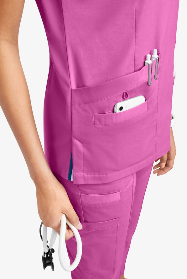 Butter-Soft STRETCH Women's 5-Pocket Short Sleeve V-Neck with Sport Trim Detail Scrub Top - Rosebud - 3