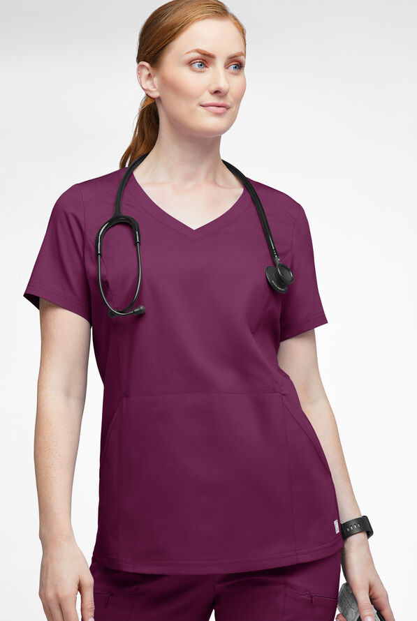 Blusa m&eacute;dica UA Butter-Soft STRETCH con detalle tejido y 3 bolsillos para mujer - Wine - 3