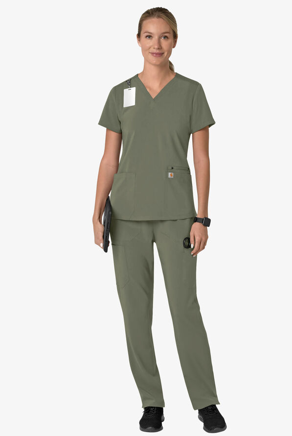 Blusa m&eacute;dica Carhartt Cross-Flex Force STRETCH con panel de tejido y 3 bolsillos para mujer - Olive - 4