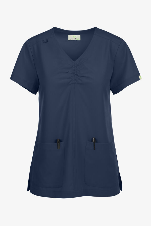 Planet koi Enik Women's 2-Pocket STRETCH Rouched V-Neck Scrub Top - Navy - 1