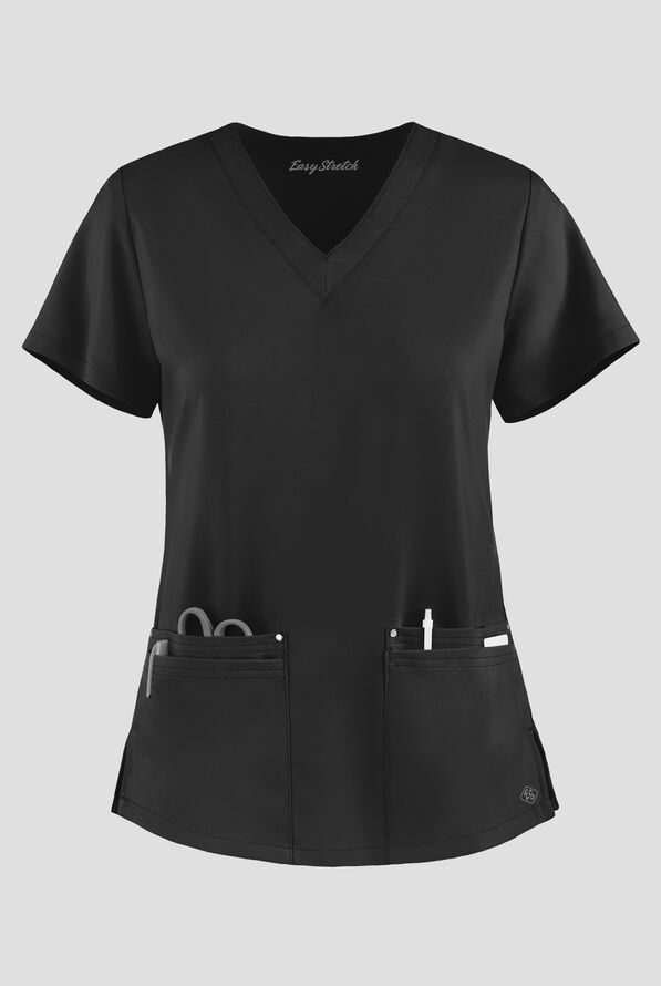 Easy STRETCH Lina Mitered Women's 4-Pocket V-Neck Scrub Top - Onyx Black - 1
