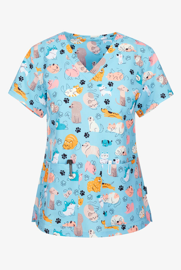 Zavate Ava Therese Furry Friends Women's 2-Pocket STRETCH V-Neck Print Scrub Top - null - 1