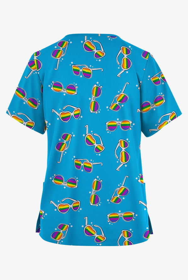 Butter-Soft Originals Rainbow Vision Turquoise Women's 2-Pocket V-Neck Print Scrub Top - null - 2