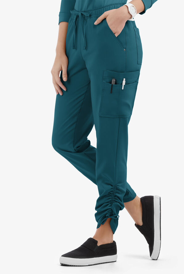 Easy STRETCH Halle Women's 11-Pocket Ruched Leg Jogger Scrub Pants - Petite - Caribbean Blue - 1