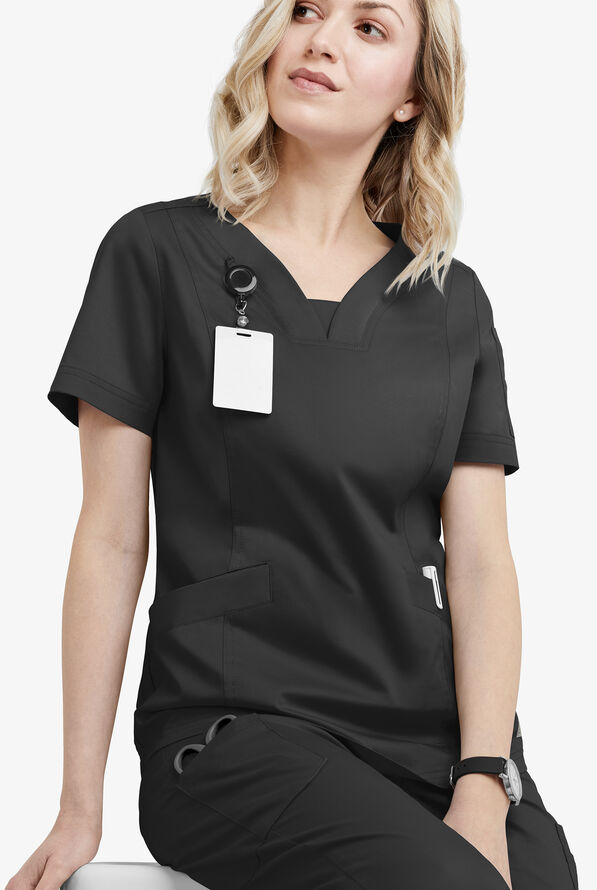 Butter-Soft STRETCH Women's 4-Pocket Feminine Curved V-Neck Scrub Top - Black - 4