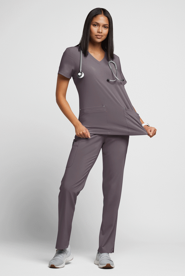 Easy STRETCH Lina Mitered Women's 4-Pocket V-Neck Scrub Top - Grey Stone - 4