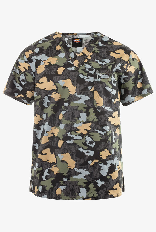 Dickies EDS Brush Away Camo Men's 1-Pocket STRETCH V-Neck Print Scrub Top - null - 1