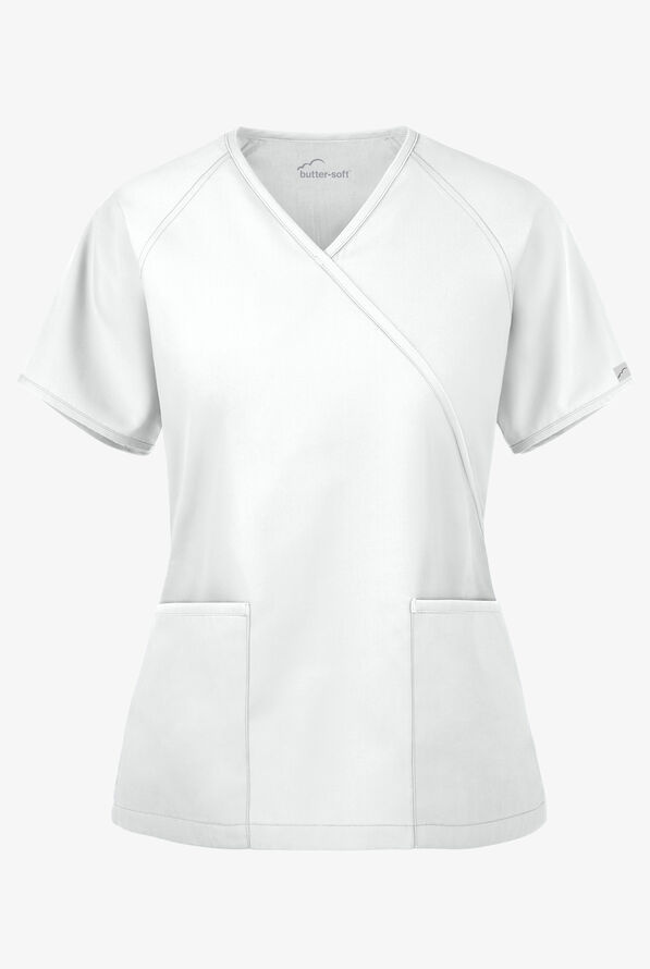 Butter-Soft Core Women's 2-Pocket Solid Mock Wrap Scrub Top - White - 1