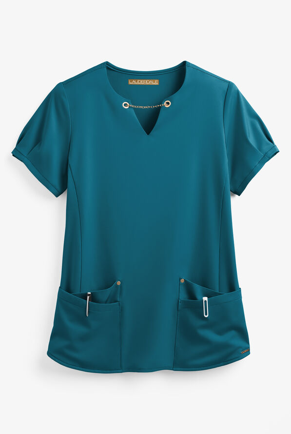 Lauderdale By UA Bahia Women's 4-Pocket Notch Neck STRETCH Scrub Top - Caribbean Blue - 1