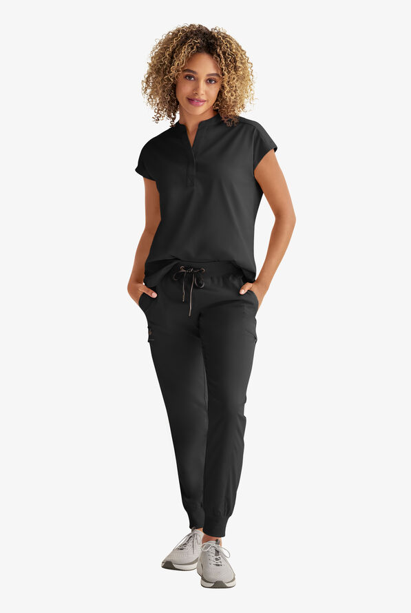 Healing Hands Purple Label Journey Women's 2-Pocket STRETCH Dolman Sleeve Mandarin Collar Scrub Top - Black - 2