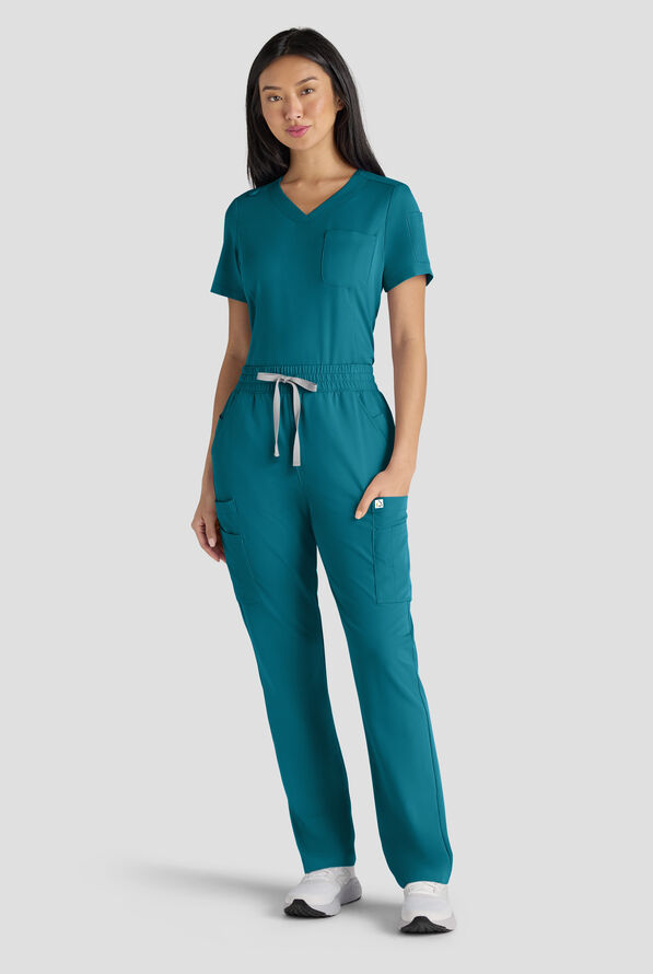ReSurge Diamond Women's 3-Pocket V-Neck Tuck In / Wear Out Scrub Top - Caribbean Blue - 8