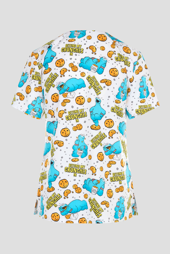 Tooniforms Cookie Monster Crunches Women's 2-Pocket STRETCH V-Neck Print Scrub Top - null - 2