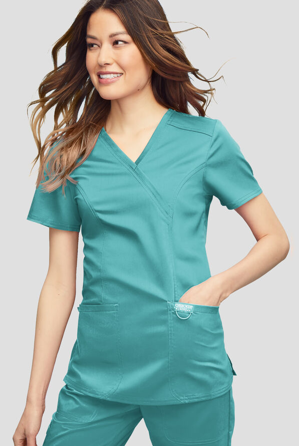 Cherokee Workwear Revolution Women's 2-Pocket STRETCH Mock Wrap Scrub Top - Soft Marine - 2