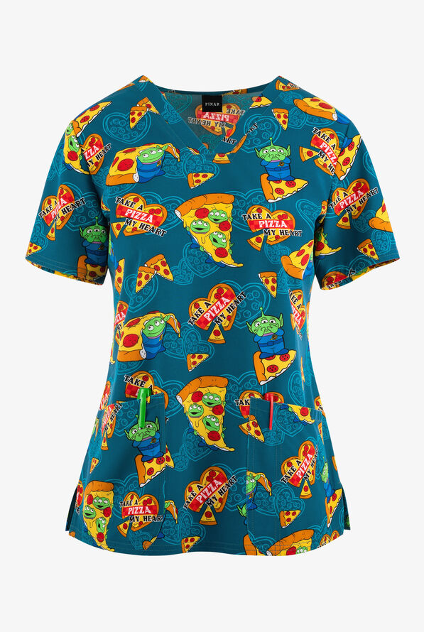 Tooniforms Pixar's Toy Story Pizza My Heart Alien Women's 2-Pocket STRETCH V-Neck Print Scrub Top - null - 1