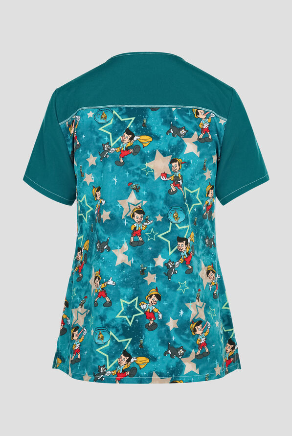 Blusa médica estampada Tooniforms Disney's Pinocchio A Real Boy STRETCH con cuello en V y 2 bolsillos para mujer - null - 2