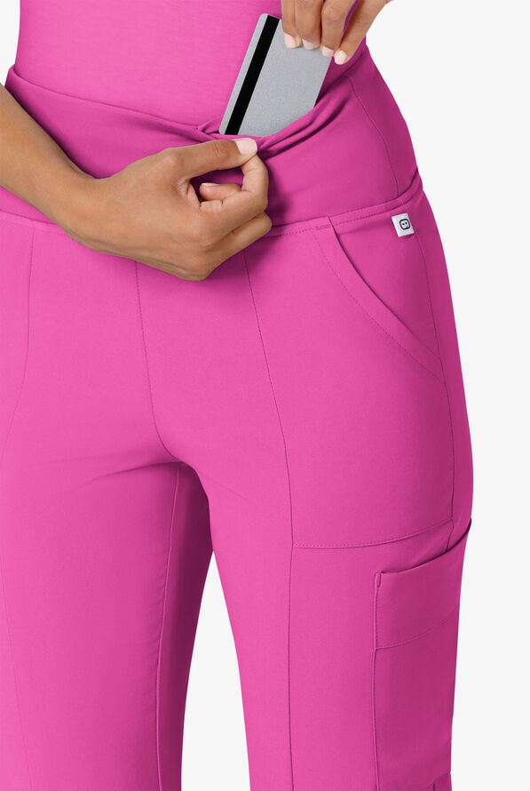 Wink Renew Women's 7-Pocket STRETCH Yoga Waist Flare Notch Leg Cargo Scrub Pants - Raspberry - 2