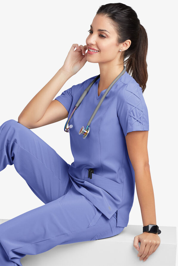 Easy STRETCH Kylie Woman's 5 Pocket V-Neck With Criss-Cross Detail Scrub Top - Ceil Blue - 8