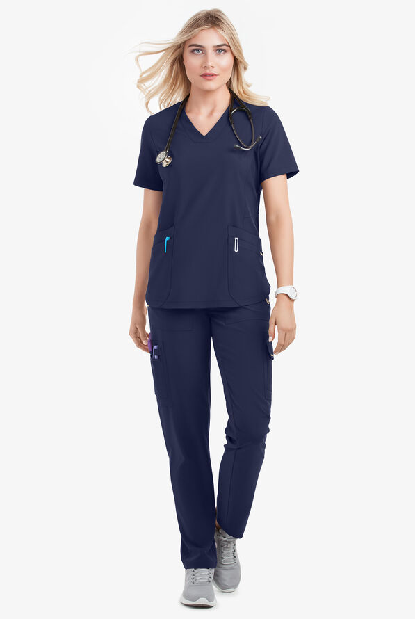 Lauderdale by UA Oleta Women's 4-Pocket V-Neck STRETCH Scrub Top - Navy - 2