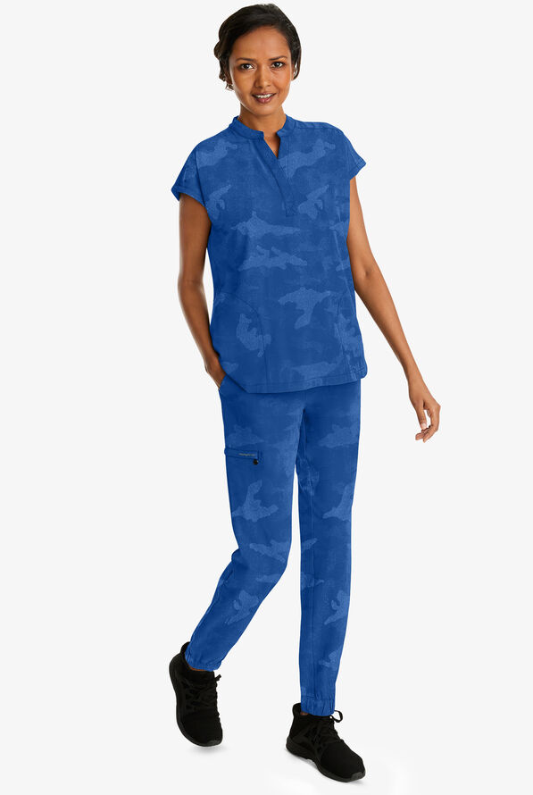 Healing Hands Purple Label Camo Women's 2-Pocket STRETCH Dolman Sleeve Mandarin Collar Scrub Top - Royal - 4
