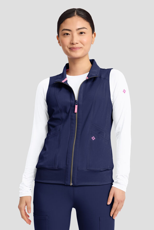 Med Couture Amp Women's 4-Pocket STRETCH Zip Front Removable Hoodie Scrub Vest - Navy - 2