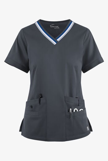 Butter-Soft STRETCH Women's 5-Pocket Short Sleeve V-Neck with Sport Trim Detail Scrub Top