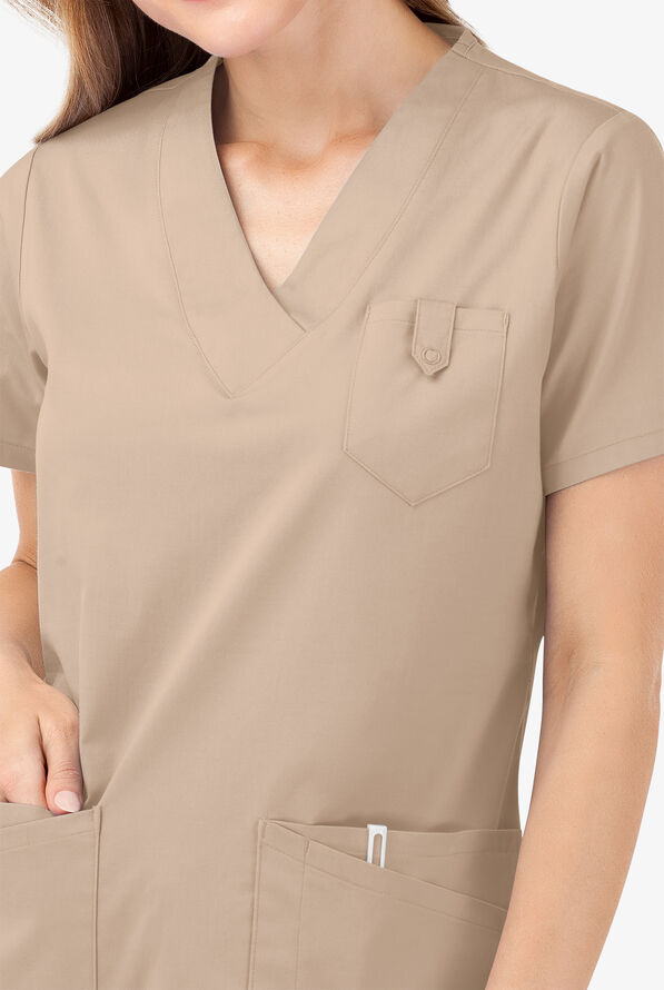 Butter-Soft STRETCH Women's 6-Pocket V-Neck Scrub Top - Iced Latte - 3